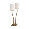 Textured conjoined brushed-brass side lamp with two boucle shades.