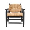 Bold black frame armchair with rustic woven backrest and seat