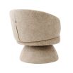 Modern designed swivel chair with silver-toned upholstery on an upholstered base.