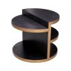 Gorgeous round side table with layered shelving and brass edges