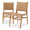 A stylish set of outdoor dining chairs by Eichholtz with intricate woven patterning and a teak wood finish
