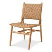 A stylish set of outdoor dining chairs by Eichholtz with intricate woven patterning and a teak wood finish