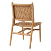 A stylish set of outdoor dining chairs by Eichholtz with intricate woven patterning and a teak wood finish