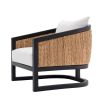 Gorgeous natural rattan back armchair with black frame and cream seat and back cushions