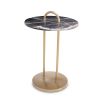 Striking side table with round marble top and brass frame with round handle detail