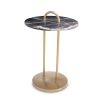 Striking side table with round marble top and brass frame with round handle detail
