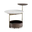 Brown wooden side table with brass detail and marble top