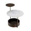 Brown wooden side table with brass detail and marble top