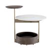 Brown wooden side table with brass detail and marble top