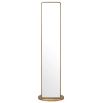 Floor mirror with rotating base and sleek coatrack wrapped in luxury brushed brass finish