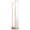 Floor mirror with rotating base and sleek coatrack wrapped in luxury brushed brass finish