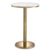 Luxurious white marble round top side table enhanced with vintage brass finish