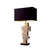 Modern table lamp with black shade and brass and glass cubist design