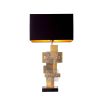 Modern table lamp with black shade and brass and glass cubist design