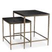 Set of two square-shaped black granite side tables with brass-finished base