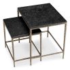 Set of two square-shaped black granite side tables with brass-finished base