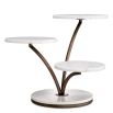 Three level cake stand with white marble bases and bronze finishes