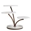 Three level cake stand with white marble bases and bronze finishes