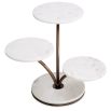 Three level cake stand with white marble bases and bronze finishes