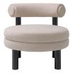 Taupe linen upholstered chair with round seat and cylinder backrest