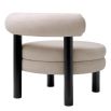 Taupe linen upholstered chair with round seat and cylinder backrest