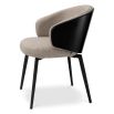 Linen upholstered dining chair in taupe with black wood back