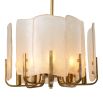 Sophisticated yet glamorous chandelier features a brushed brass finish frame and frosted glass panels