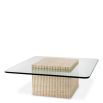 Cube travertine coffee table with ribbed effect and glass surface