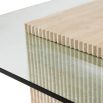 Cube travertine coffee table with ribbed effect and glass surface