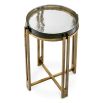 Side table featuring round, thick tabletop made from handmade vintage glass and brass finish 