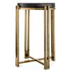 Side table featuring round, thick tabletop made from handmade vintage glass and brass finish 