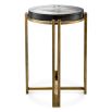 Side table featuring round, thick tabletop made from handmade vintage glass and brass finish 
