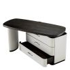 Adjustable top desk crafted from mocha oak veneer accented with light grey faux leather