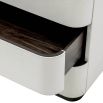 Adjustable top desk crafted from mocha oak veneer accented with light grey faux leather