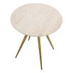 Side table with four brass finish legs and a round travertine top