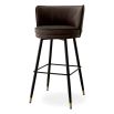 High-back barstool in dark savona grey velvet upholstery and contrast piping