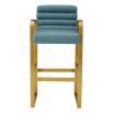 blue linen upholstered bar stools with horizontal fluting and brass frame