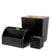 Black croc leather desk set, letter holder, pencil box and bin