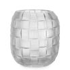 Small glass vase with frosted finish and hand cut details forming woven pattern 