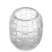 Small glass vase with frosted finish and hand cut details forming woven pattern 