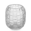 Small glass vase with frosted finish and hand cut details forming woven pattern 