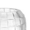 Small glass vase with frosted finish and hand cut details forming woven pattern 