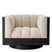Taupe upholstered seat with fluting detail and encompassing black wood back