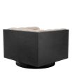 Taupe upholstered seat with fluting detail and encompassing black wood back