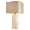 Table lamp with square rounded shade and a travertine base