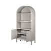 oak wood display cabinet in light grey finish with arched top