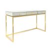 A glamorous, modern desk with a antiqued mirror table top and a polished brass base