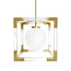 A modern chandelier made from clear acrylic and brushed brass 