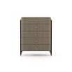 A luxurious Scandinavian-inspired tallboy chest of drawers with copper accents and a wrought iron structure