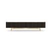 A luxurious entertainment unit made from eucalyptus wood with a marble surface and gold-painted stainless steel legs 